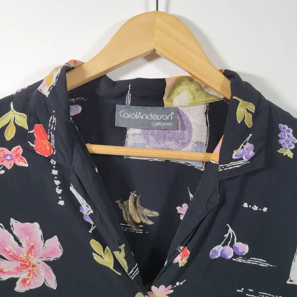 CAROL ANDERSON Fruit and Floral Print Cropped Button Up Size XL Rayon Black - Picture 4 of 6